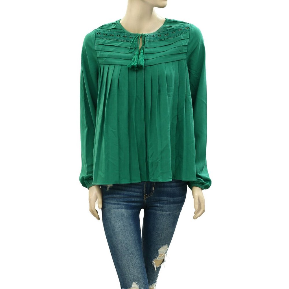 HappyXNature Kate Hudson Green Pleated Blouse Shirt Top Embroidered XS 227283